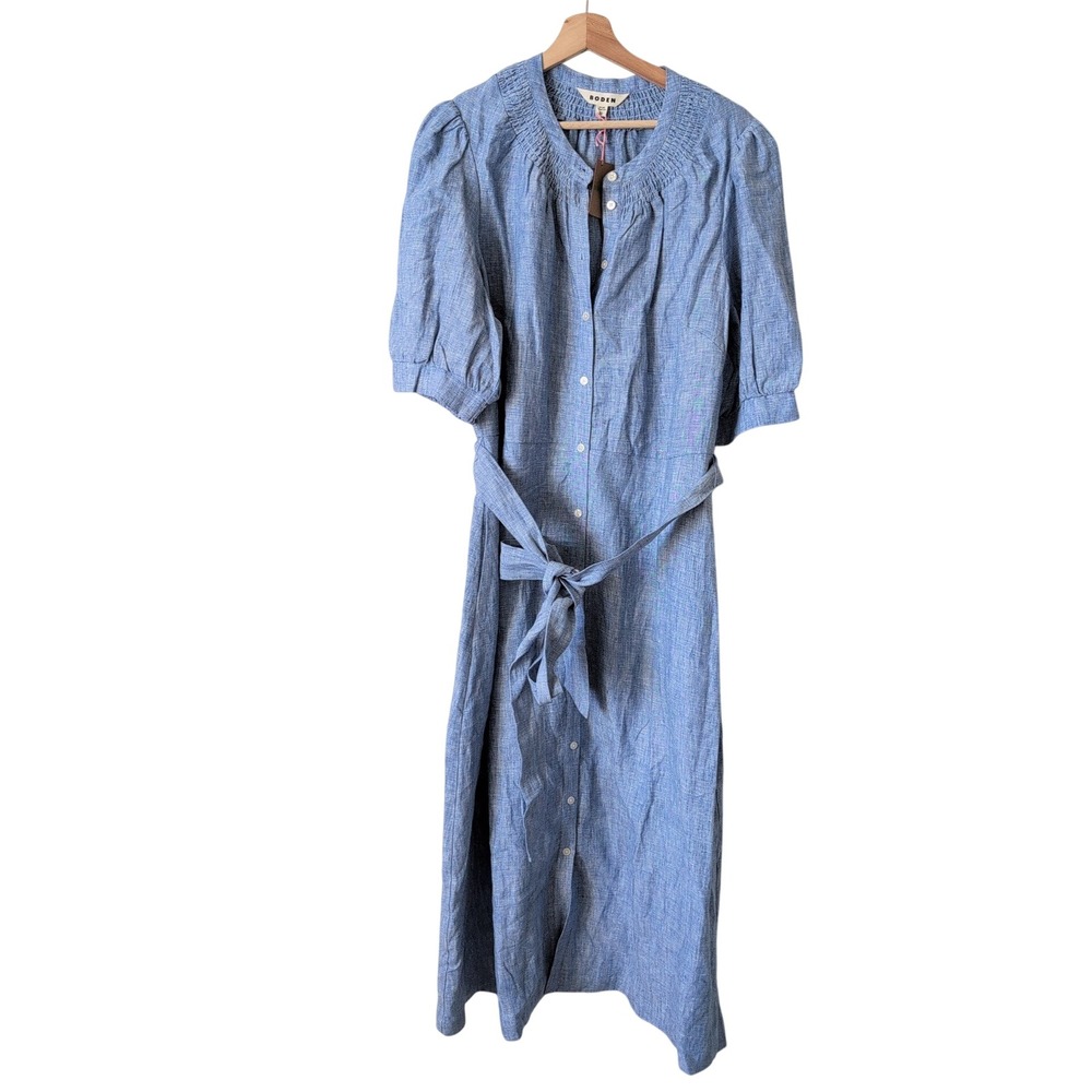 NWT Boden Ada Linen Midi Dress Blue Smocked Button Belted Puff Sleeve 20R 22R